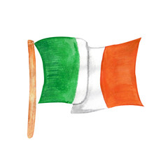 Flag of Ireland on wooden stick isolated on white background. Watercolor hand drawn illustration in cartoon style