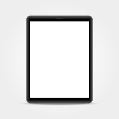 Tablet mockup on white backdrop. Realistic vertical gadget template with empty screen. Modern tablet computer. Smart device concept. Vector illustration