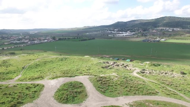 Descending aerial view over ancient ruins of Beit Shemesh. Israel. DJI-0127-09