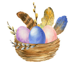 Bird nest with feathers, pussy willow branches and colorful eggs. Easter watercolor illustration isolated on white background.
