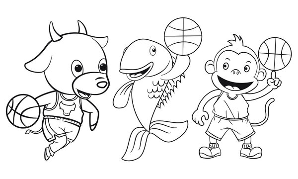 collection of cartoon animals playing basketball used for coloring book