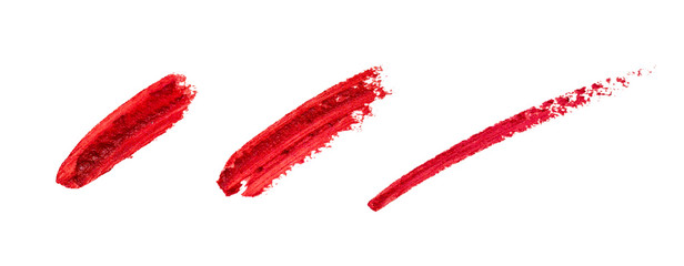 Smudged lipstick strokes for decoration design. Smear hand drawing lines. Red color cosmetic product brush stroke sample. Textured Paint line isolated on white background - obrazy, fototapety, plakaty
