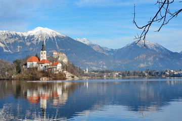 Lake Bled Slovenia. Beautiful mountain lake with small Pilgrimage Church. Most famous Slovenian...