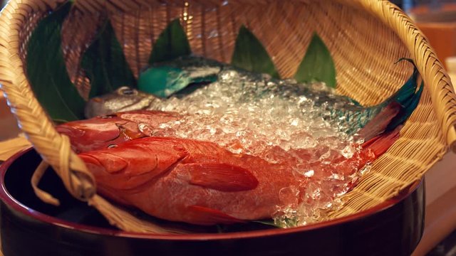 Sashimi fish on ice in Japanese restaurant red snapper in traditional woven basket