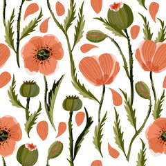 Poppy flower seamless vector pattern with petals in a flat style. Summer Provence blossom wallpaper, wild field and garden flora on a white background.