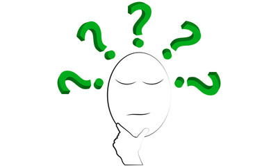 Rostro de una persona pensando con signos de interrogación verde.