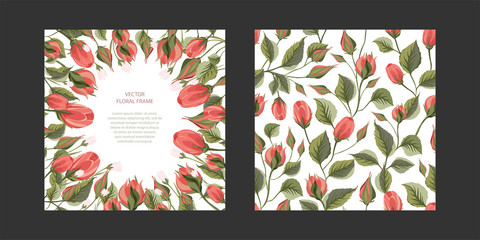 Floral greeting card vector template. Frame with hand drawn leaves and wild field flowers illustrations in a flat style and place for your text.
