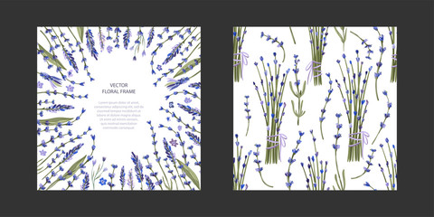 Floral greeting card vector template. Frame with hand drawn leaves and wild field flowers illustrations in a flat style and place for your text.