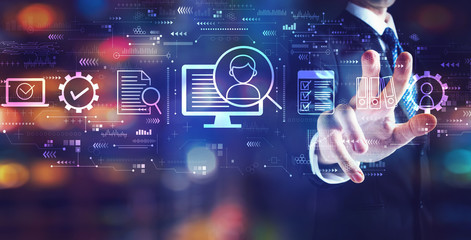 Document management system concept with businessman on night city background