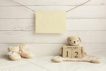 Calendar. January 12th. Day 12th of month. Teddy bear holding wood cube calendar with date of month and day. New born baby congratulation concept. Copy space.