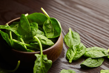 Spinach fresh green leaves in a wooden bowl