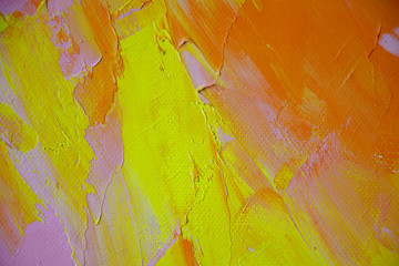 Textured background of oil paint in red and orange tones, selective focus