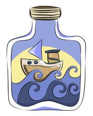 Watercolor vector seascape illustration. Cartoon fantasy jar with waves and sail boat. Greeting card, print, poster, book illustration