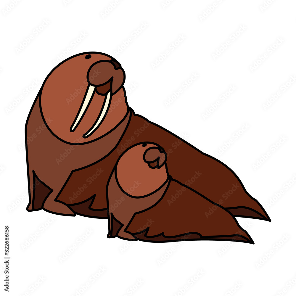 Sticker walrus with cub on a white background