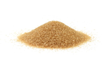 Closeup pile brown sugar isolated on white background.