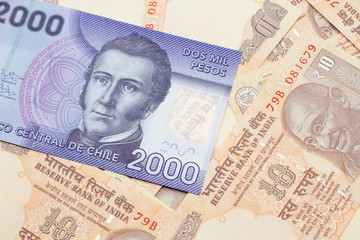 A close up image of a purple two thousand peso bank note from Chile on a bed of Indian ten rupee bank notes in macro