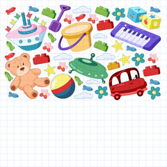 Kindergarten vector pattern with toys. Children play and grow together.