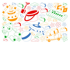Kindergarten vector pattern with toys. Children play and grow together.