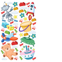 Kindergarten vector pattern with toys. Children play and grow together.