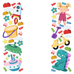 Kindergarten vector pattern with toys. Children play and grow together.