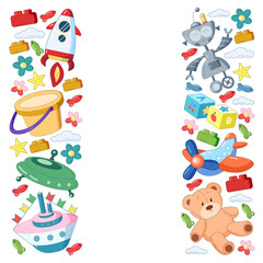 Kindergarten vector pattern with toys. Children play and grow together.