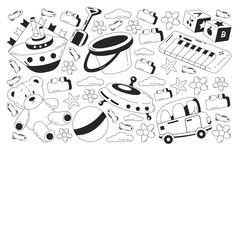Kindergarten vector pattern with toys. Children play and grow together.