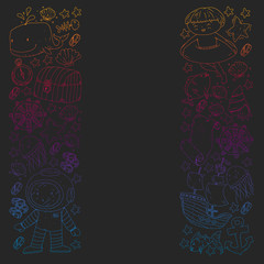 Vector set with underwater diving icons and pirate elements. Treasure chest, ship, octopus, diver. Little boys and kingergarten preschool girls summer vacation and adnventure