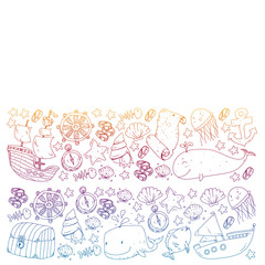 Vector set with underwater diving icons and pirate elements. Treasure chest, ship, octopus, diver. Little boys and kingergarten preschool girls summer vacation and adnventure