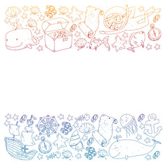 Vector set with underwater diving icons and pirate elements. Treasure chest, ship, octopus, diver. Little boys and kingergarten preschool girls summer vacation and adnventure