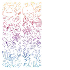 Fototapeta premium Vector set with underwater diving icons and pirate elements. Treasure chest, ship, octopus, diver. Little boys and kingergarten preschool girls summer vacation and adnventure