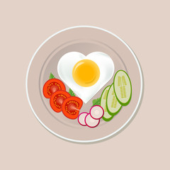Fried egg in the shape of a heart, sliced tomatoes, cucumbers, radishes on a plate, isolated on a light background. Food ads are used for menus, the Internet, advertising. Healthy diet. Vector