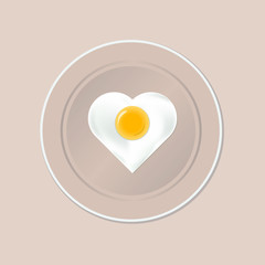 Fried egg in the shape of a heart on a plate for Valentine's Day isolated on a light background. Food ads are used for menus, the Internet, advertising, and brochures. Vector illustration