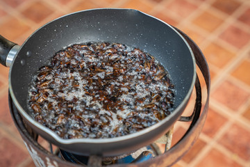 Southeast Asia, Thailand fried crickets are cooked by oil in the pan with outdoor portable picnic gas stoveat.