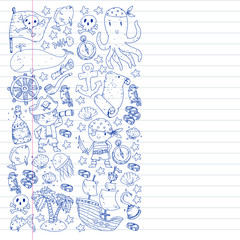 Pirate party. Illustrations for little children. Kids birthday celebration with treasure island, octopus, pirates