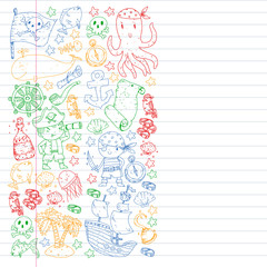 Pirate party. Illustrations for little children. Kids birthday celebration with treasure island, octopus, pirates