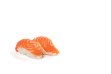 Sushi Salmon, The Japanese traditional food rice ball with fresh salmon fish slice on top. On white clear background with studio light. Clipping path.