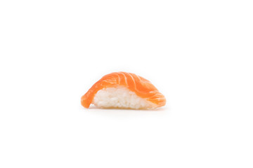 one isolated section view of salmon sushi on white background. Clipping paths