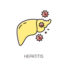 Hepatitis RGB color icon. Contagious liver disease, dangerous viral infection. Medical diagnosis, chronic cirrhosis, jaundice. Human organ and bacteria cells isolated vector illustration