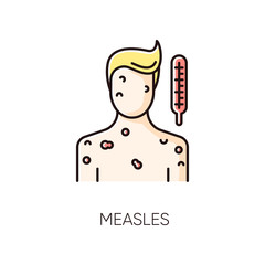 Measles RGB color icon. Pandemic viral infection, contagious rubella virus. Medical diagnosis, virology. Infected person with chickenpox symptoms, rash and fever isolated vector illustration
