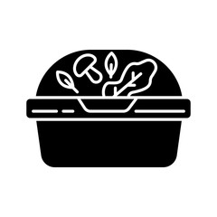 Plastic container for salad black glyph icon. Reusable lunchbox. Takeaway food package with lid. Takeout meal in lunch box. Take away dinner Silhouette symbol on white space. Vector illustration