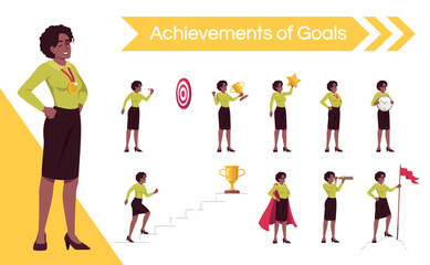 Woman setting goals flat vector illustrations set. Female office worker moving up career ladder isolated cartoon one character kit. Triumphant businesswoman achieving aims, gaining recognition