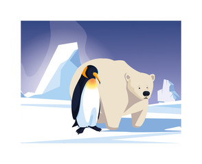 penguin and polar bear at the north pole, arctic landscape