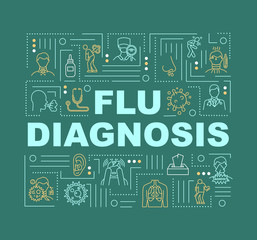 Flu diagnosis word concepts banner. Lung problem treatment. Respiratory illness. Infographics with linear icons on green background. Isolated typography. Vector outline RGB color illustration