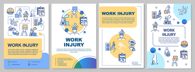Work injury, industrial traumatism brochure template. Flyer, booklet, leaflet print, cover design with linear icons. Vector layouts for magazines, annual reports, advertising posters