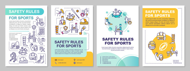 Fototapeta na wymiar Safety rules for sport, health, proper exercise brochure template. Flyer, booklet, leaflet print, cover design with linear icons. Vector layouts for magazines, annual reports, advertising posters