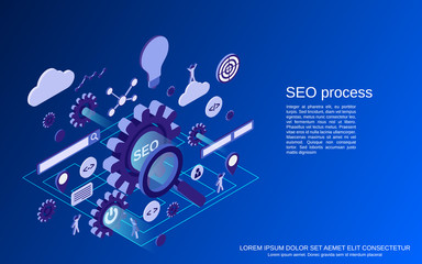 SEO optimization process, information processing, web search flat isometric vector concept illustration