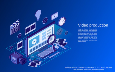 Video production flat 3d isometric vector concept illustration
