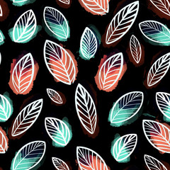 Watercolor seamless pattern abstract leaves on a black background