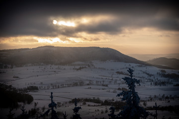 Panoramic view from Borowa Gora view point during winter time. Frosty structure, glazed, icy...
