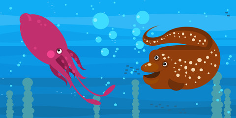 Funny cartoon undersea scene with swimming coral reef fishes illustration